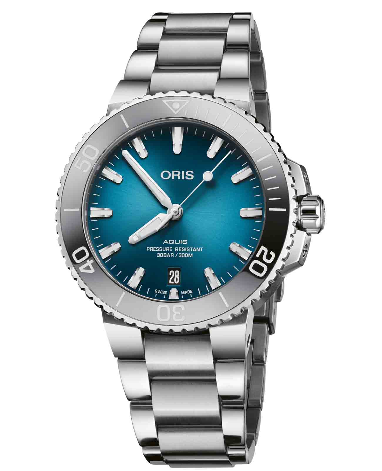 Oris Oris Aquis Date  01 733 7732 4155-07 8 21 05PEB   01 733 7732 4155-07 8 21 05PEB механические мужские часы синий циферблат, браслет нержавеющая сталь — вид спереди
